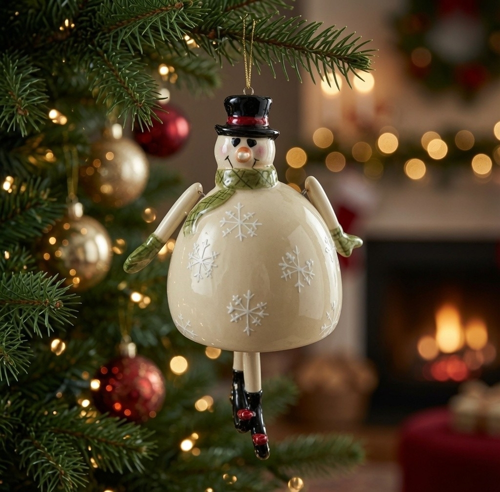 Pier 1 Imports Ceramic Snowman Ice Skater Christmas Ornament Top Hat Snowflake